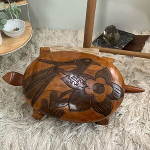Vintage TurtleDecorative Hand‎ Carved Wooden Large Tortoise Trinket Box W/Lid
